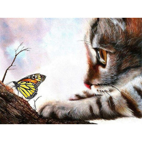 Diamond Painting - Diamond Painting Fascinant : Chat observant un papillon