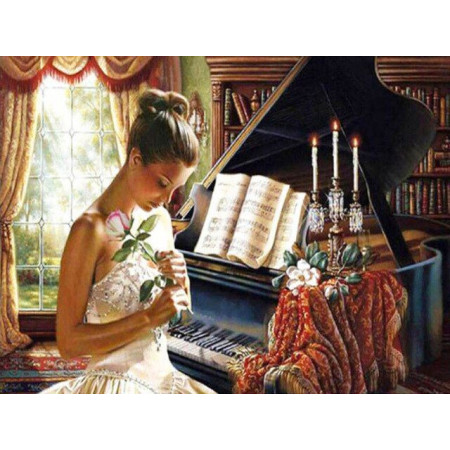 Diamond Painting - Broderie Diamant - Piano Avec Femme Et Rose